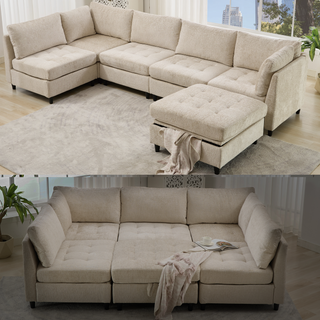 [New Arrival] Modular U-Shaped Sectional Sofa with Storage Ottoman – 6-Seat Convertible Chenille Couch, Beige, Video Provided