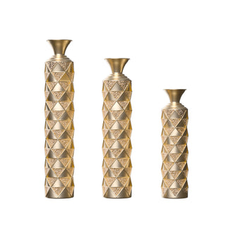 3-Piece GOLD Metal Decorative Floor Vase Set | High Distress Finish w/ 3D Triangle Pattern | Tall Centerpiece Vases for Home Decoration (33.5", 29.5", 25.2" High)