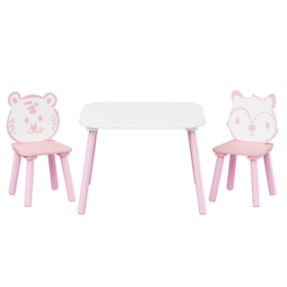 Kids Table and Chair Set, 3-Piece Wooden Toddler Desk with Animal Backrest, Activity Table for Drawing, Learning, Playroom or Nursery (Pink & White)