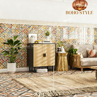 Sideboard, 31.5' Buffet Cabinet with 2 Rattan Doors and Shelves