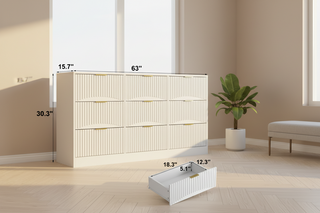 White 9-Drawer Dresser with Wavy Pattern Panels - 63" Large Long Storage Chest