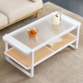Modern Minimalist White Double-Layered Solid Wood Coffee Table with Glass Top and Imitation Rattan Edge, Rectangular Table for Living Room, Dining Room, and Bedroom