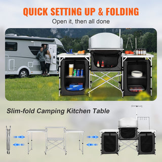 Camping Kitchen Table, Folding Aluminum Outdoor Cooking Station – 3 Cupboard Storage, Detachable Windscreen, Quick Set-up for RV, Picnics & BBQ (Black)