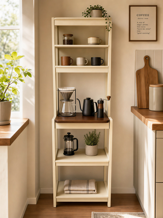 23.62' White and Rustic Brown color 5-Tier Bakers Rack for Kitchen with Storage, Coffee Bar, Kitchen Shelves,  Microwave Stand
