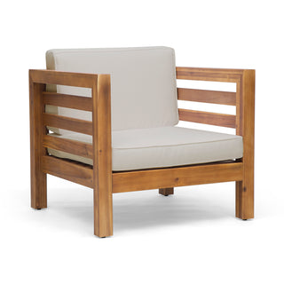 Outdoor Club Chair, Acacia Wood Patio Chair with Fabric Cushion for Backyard, Poolside, Garden or Porch, Teak Frame and Beige Cushion