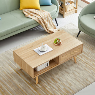 41.34" Rattan Coffee Table with Sliding Door Storage, Solid Wood Legs – Modern Living Room Table in Natural Finish