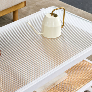 Modern Minimalist White Double-Layered Solid Wood Coffee Table with Glass Top and Imitation Rattan Edge, Rectangular Table for Living Room, Dining Room, and Bedroom