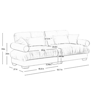 Modern Camel Velvet 2-Seater Sofa with Bolster Arms and Pillows