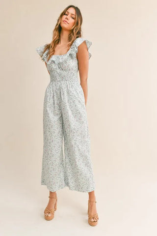 MABLE Floral Print Ruffled Cap Sleeve Jumpsuit