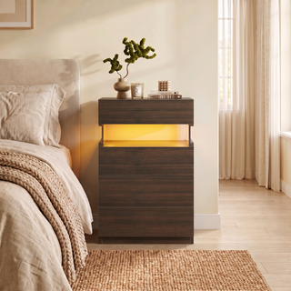 Walnut LED nightstand with 4 drawers and 16 adjustable light colors