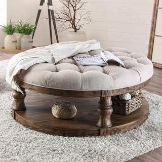 Rustic Round Coffee Table with Open Shelf | Antique Oak Finish, Wooden Table with Turned Legs