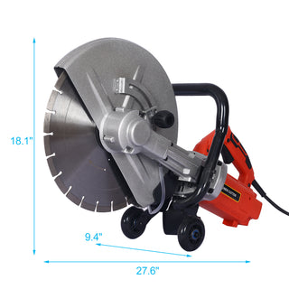 Electric 14' Cut Off Saw Wet/Dry Concrete Saw Cutter with Guide Roller and Water Line Attachment, 3000W, Black and Silver