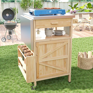 K&K 40.5" Outdoor Grill Cart – Solid Wood Rolling Kitchen Cart with Stainless Steel Top, Drop Leaf, Drawer, Towel Rack & Lockable Wheels for Patio, Lawn & Garden