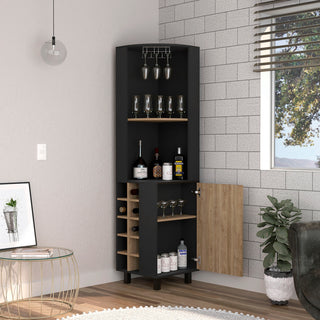 Corner Bar Single Door Cabinet Two Shelves, Ten Built-in Wine Rack, Two Interior Shelves, Black / Pine
