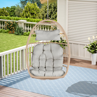 Outdoor Garden Rattan Egg Swing Chair Hanging Chair Wood+Light Gray