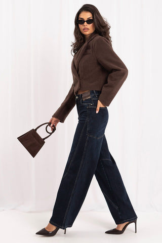 Women's navy blue wide-leg jeans with geometric stitching, Model 232763