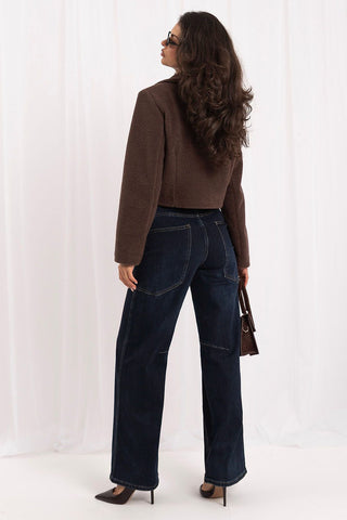 Women's navy blue wide-leg jeans with geometric stitching, view 2