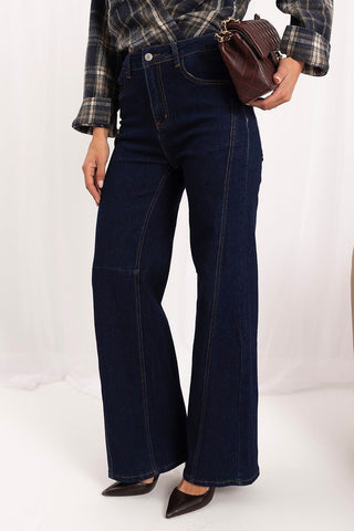 Women's navy blue high-waist wide-leg jeans with vertical seams, Model 232764