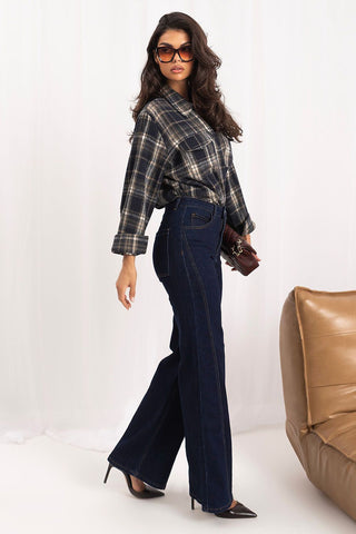 Women's navy blue wide-leg jeans, view 2