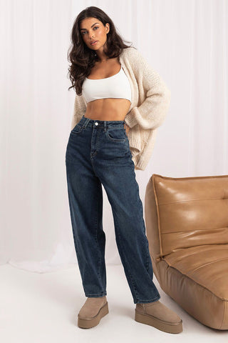 Women's blue balloon fit jeans, view 2