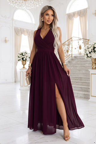 Women's plum chiffon maxi evening dress with high slit, Model 232805