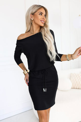 Women's black sporty day dress with boat neckline and pockets, Model 232807