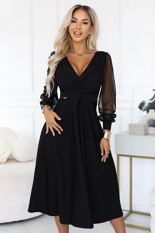 Women's black midi evening dress with wrap neckline and mesh sleeves, Model 232808