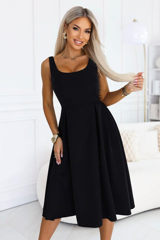 Women's black midi evening dress with wide straps and deep U-back, Model 232809