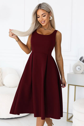 Women's burgundy midi evening dress with wide straps and deep U-back, Model 232810