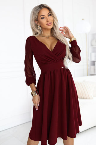 Women's burgundy midi evening dress with sheer mesh sleeves, Model 232811