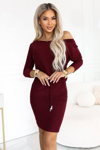 Women's burgundy sporty day dress with tie waist and pockets, Model 232812