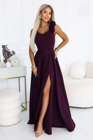 Women's plum long evening dress with V-neckline and high slit, Model 232815