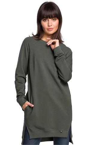 Oversized Sweatshirt with Side Slits and Front Pockets, Green