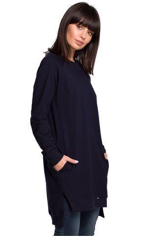 Oversized Sweatshirt with Side Slits and Front Pockets, Navy Blue