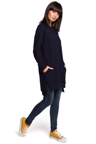 Oversized Sweatshirt with Side Slits and Front Pockets, Navy Blue