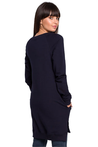 Oversized Sweatshirt with Side Slits and Front Pockets, Navy Blue
