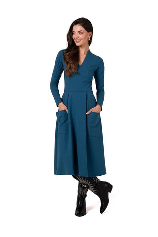 V-Neck Fitted Dress with Pleated Skirt and Pockets, Blue