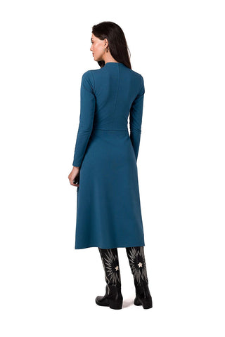 V-Neck Fitted Dress with Pleated Skirt and Pockets, Blue