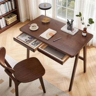 100% Solid Rubber Wood Computer Desk, Retro Walnut Writing Desk with Drawer, Sturdy A-Frame Leg, 39.37'×21.65', 0.71' Standard Thick Home Office Study Table