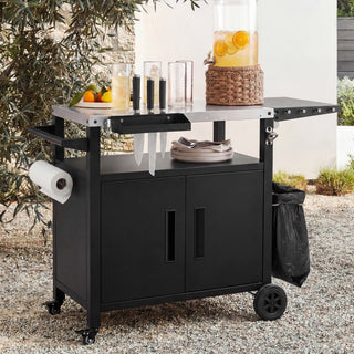 K&K Outdoor Grill Cart with Storage Cabinet, Outdoor Metal Kitchen Island with Foldable Table, Pizza Oven Table with Wheels & Stainless Steel Top & Hooks & Spice Rack for BBQ,Waterproof Cover Included