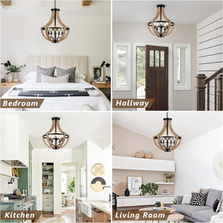 19 inch Farmhouse Chandelier, 5-Light Solid Wood, Brown