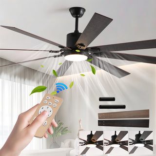 72" Walnut LED Ceiling Fan with Light | 8 Wooden Blades, Adjustable Color Temperature & Remote Control