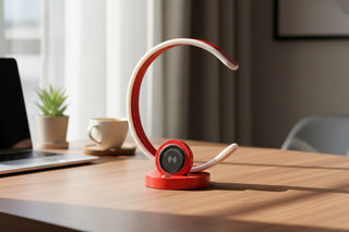 13.25" Modern C-Shape LED Table Lamp with Wireless Charger &amp; USB Port - Bright Red Touch Dimmable Desk Lamp - Industrial Grade Minimalist Bedside Light with Power Hub - Contemporary Red Office Task Lamp