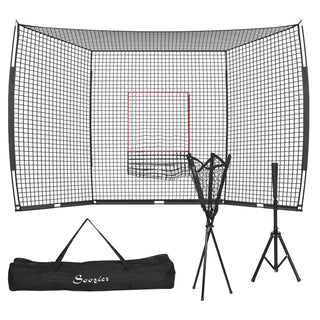 Soozier 17' x 5.5' Baseball Net with Strike Zone – Portable Baseball & Softball Training Set with Batting Tee, Ball Caddy & Carry Bag for Hitting and Pitching Practice