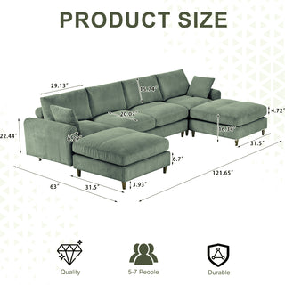 Modern U-Shape Modular Sectional Sofa - 6-Seat Corduroy, Olive Green