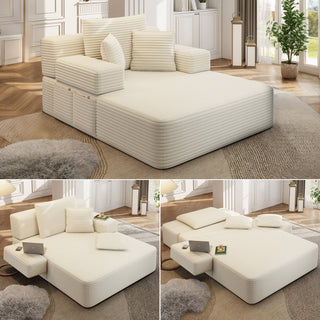 Luxurious Plush Corduroy Chaise Lounge with 3 Pillows, Convertible Sofa Bed with Storage Pocket, Frameless Design & Compression Foam for Small Spaces, Living Room, Apartment,Beige&White