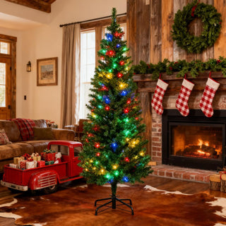 Skinny Shape Artificial Pencil Christmas Trees Holiday Decoration with Colorful LED Lights, Steel Base