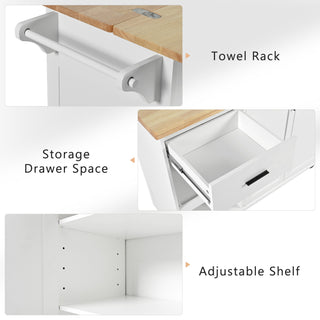 K&K Kitchen Island with Foldable Counter Top, Kitchen Storage Cart with Slide-Out Shelf, Towel Rack and Drawer, Rolling Kitchen Cart on Wheels, for Kitchen, Living Room, Dining Room, White
