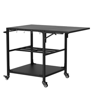 Heavy Duty Metal Outdoor Grill Table for Big Green Egg XL, Black Prep Cart with Wheels, Storage Shelf and Hooks, Compatible with Large Kamado Grills