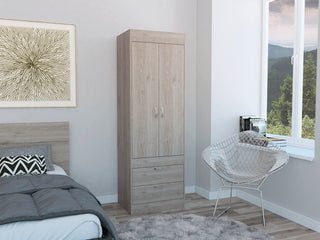 Lisboa Light Gray 2-Door Armoire with Hanging Rod & Two Drawers - Modern Bedroom Wardrobe